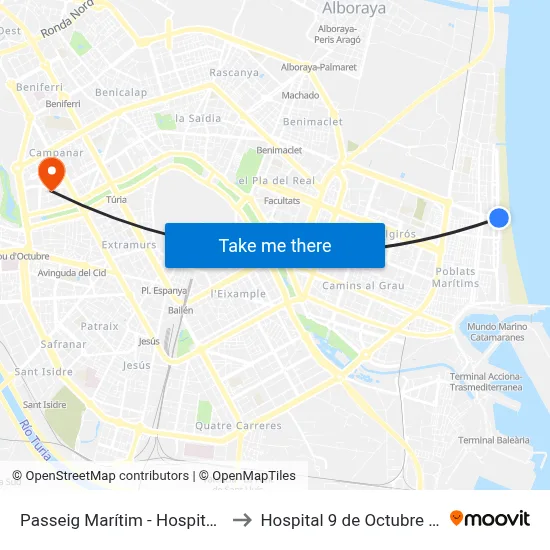 Passeig Marítim - Hospital Malva-Rosa to Hospital 9 de Octubre Unipersonal map