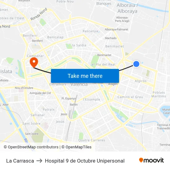 La Carrasca to Hospital 9 de Octubre Unipersonal map