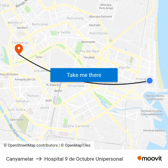 Canyamelar to Hospital 9 de Octubre Unipersonal map