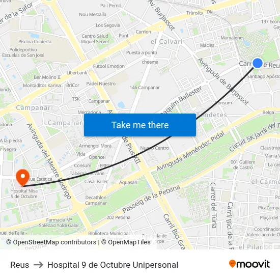 Reus to Hospital 9 de Octubre Unipersonal map