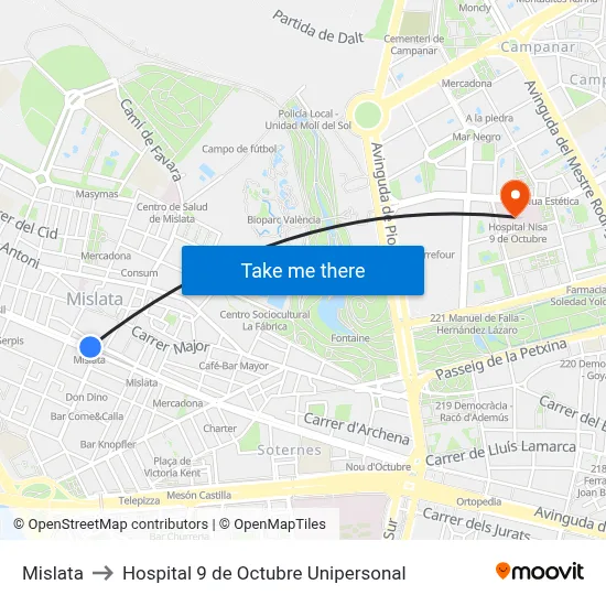 Mislata to Hospital 9 de Octubre Unipersonal map