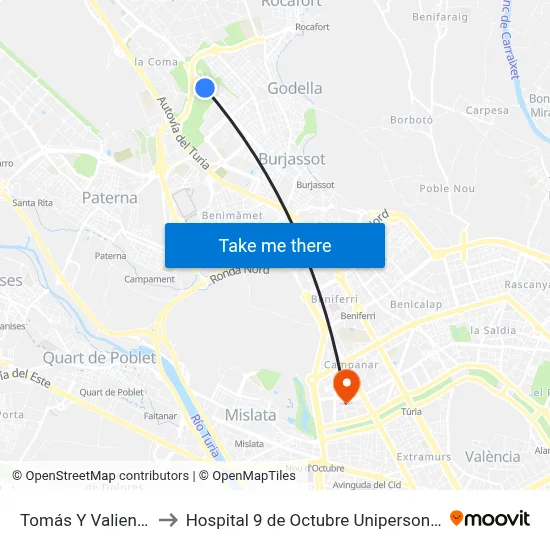 Tomás Y Valiente to Hospital 9 de Octubre Unipersonal map