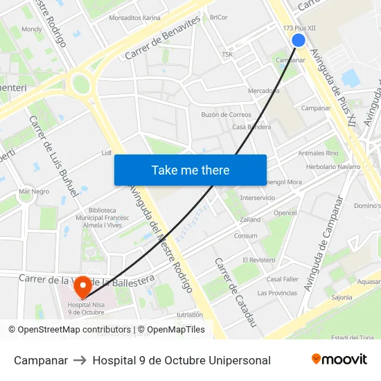 Campanar to Hospital 9 de Octubre Unipersonal map