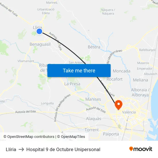 Llíria to Hospital 9 de Octubre Unipersonal map