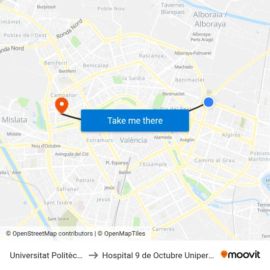 Universitat Politècnica to Hospital 9 de Octubre Unipersonal map