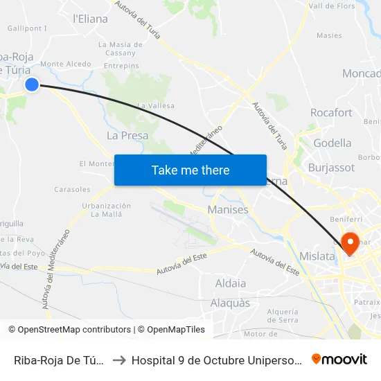 Riba-Roja De Túria to Hospital 9 de Octubre Unipersonal map