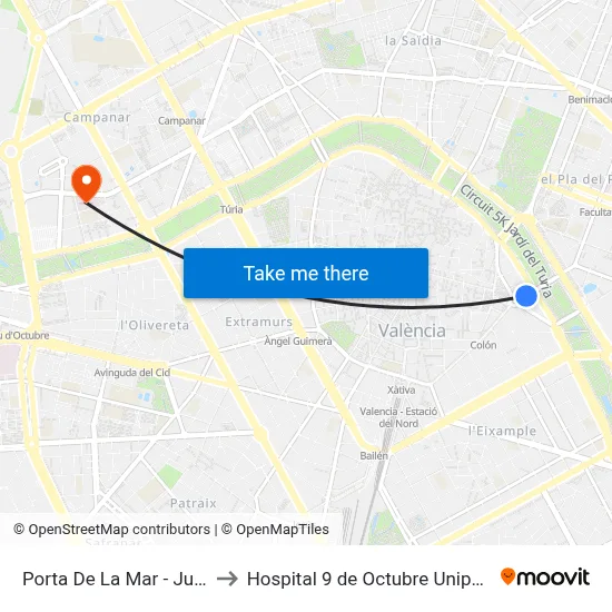 Porta De La Mar - Justícia to Hospital 9 de Octubre Unipersonal map