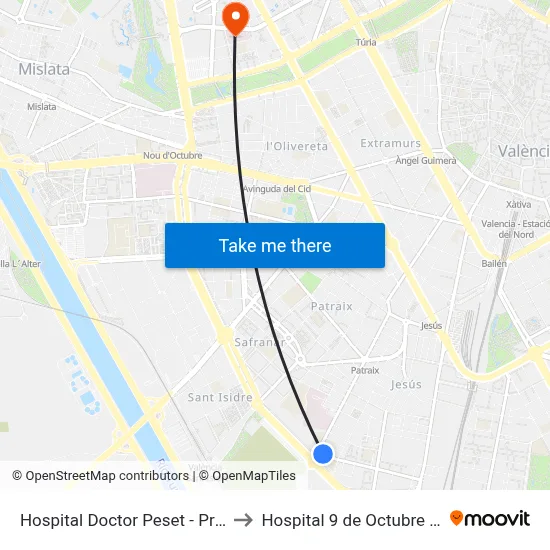 Hospital Doctor Peset - Primer De Maig to Hospital 9 de Octubre Unipersonal map