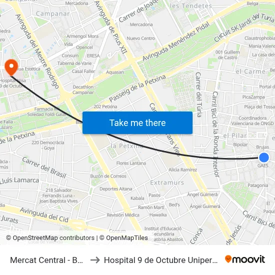 Mercat Central - Beata to Hospital 9 de Octubre Unipersonal map