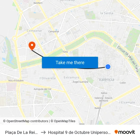 Plaça De La Reina to Hospital 9 de Octubre Unipersonal map