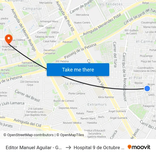Editor Manuel Aguilar - Guillem Sorolla to Hospital 9 de Octubre Unipersonal map