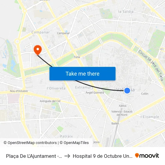 Plaça De L'Ajuntament - Barques to Hospital 9 de Octubre Unipersonal map