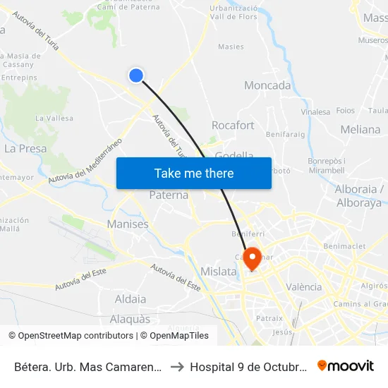 Bétera. Urb. Mas Camarena - Esmeralda IV to Hospital 9 de Octubre Unipersonal map