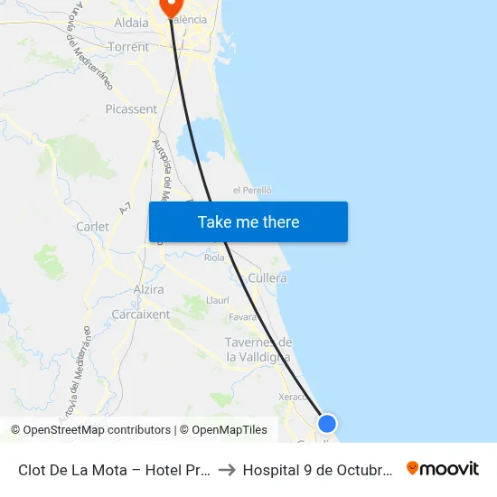 Clot De La Mota – Hotel Principal [Gandia] to Hospital 9 de Octubre Unipersonal map