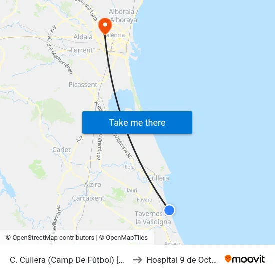 C. Cullera (Camp De Fútbol) [Tavernes De La Valldigna] to Hospital 9 de Octubre Unipersonal map