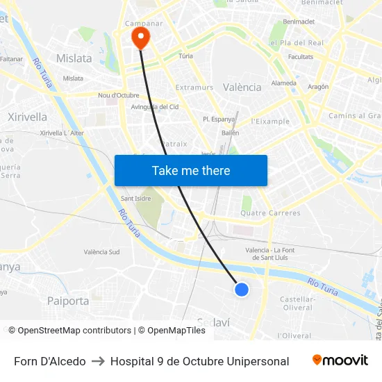 Forn D'Alcedo to Hospital 9 de Octubre Unipersonal map