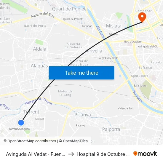 Avinguda Al Vedat - Fuente Las Ranas to Hospital 9 de Octubre Unipersonal map
