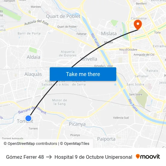 Gómez Ferrer 48 to Hospital 9 de Octubre Unipersonal map