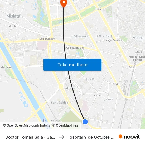 Doctor Tomás Sala - Gaspar Aguilar to Hospital 9 de Octubre Unipersonal map