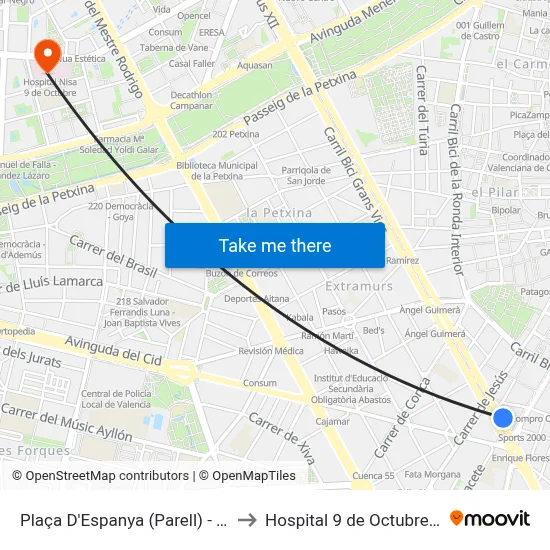 Plaça D'Espanya (Parell) - Ramón Y Cajal to Hospital 9 de Octubre Unipersonal map