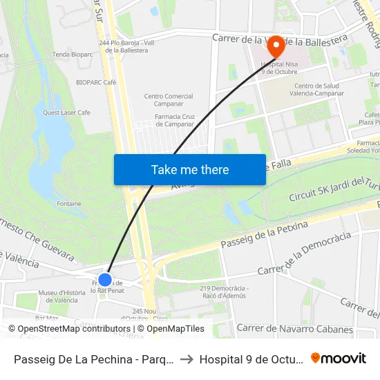 Passeig De La Pechina - Parque Cabecera [València] to Hospital 9 de Octubre Unipersonal map