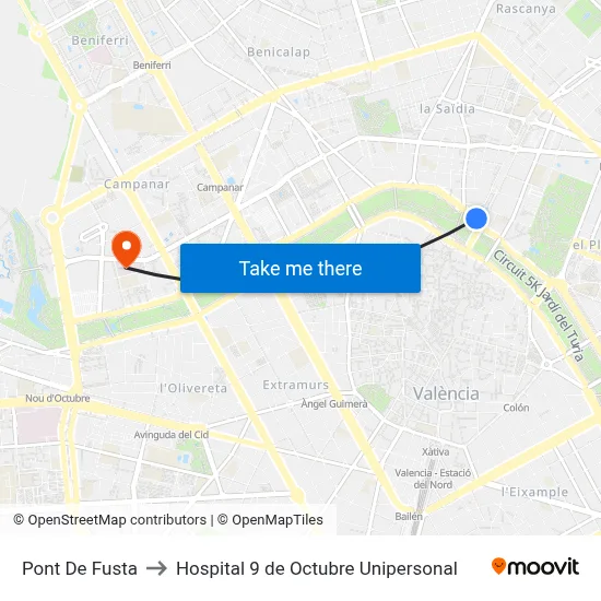 Pont De Fusta to Hospital 9 de Octubre Unipersonal map