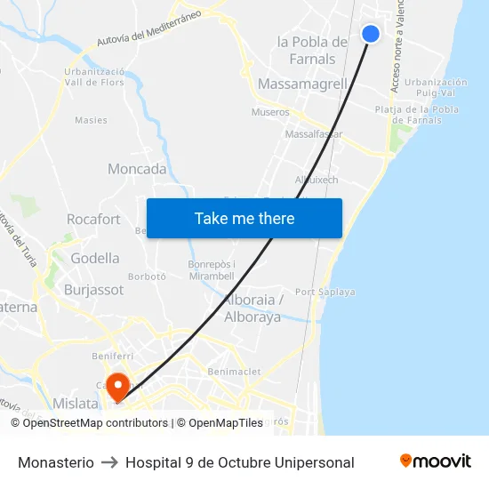 Monasterio to Hospital 9 de Octubre Unipersonal map