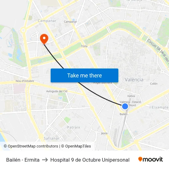 Bailén - Ermita to Hospital 9 de Octubre Unipersonal map