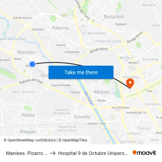 Manises. Pizarro 40 to Hospital 9 de Octubre Unipersonal map