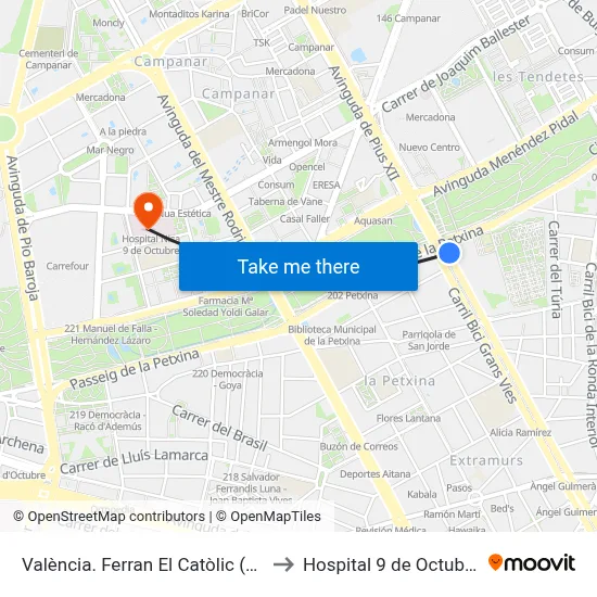 València. Ferran El Catòlic (Parell) - Metro Túria to Hospital 9 de Octubre Unipersonal map
