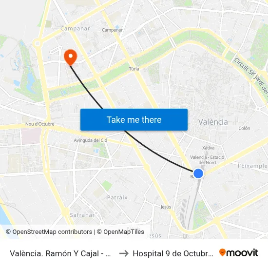 València. Ramón Y Cajal - Bailén / Andana 2 to Hospital 9 de Octubre Unipersonal map