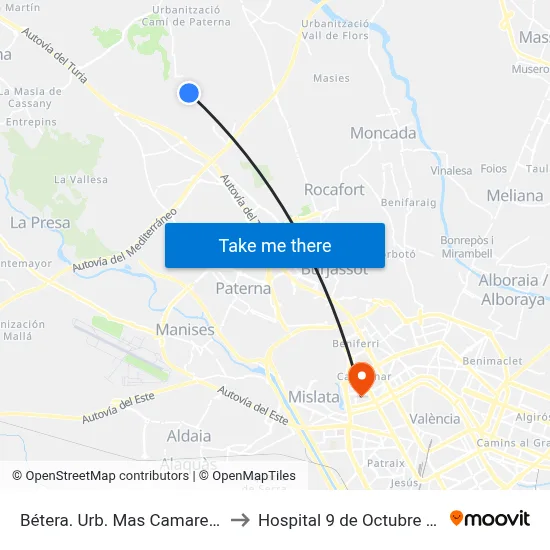 Bétera. Urb. Mas Camarena - Sector C to Hospital 9 de Octubre Unipersonal map