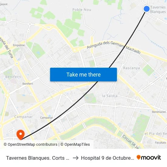 Tavernes Blanques. Corts Valencianes 66 to Hospital 9 de Octubre Unipersonal map