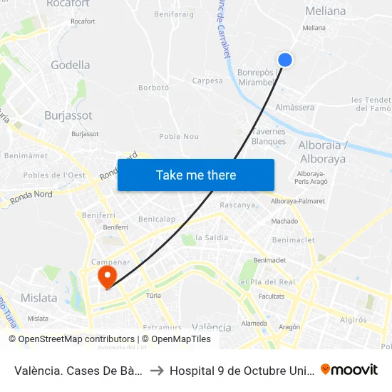València. Cases De Bàrcena (I) to Hospital 9 de Octubre Unipersonal map