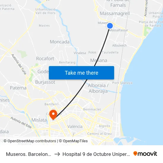 Museros. Barcelona 70 to Hospital 9 de Octubre Unipersonal map