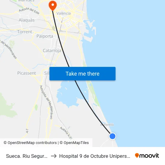 Sueca. Riu Segura 1 to Hospital 9 de Octubre Unipersonal map