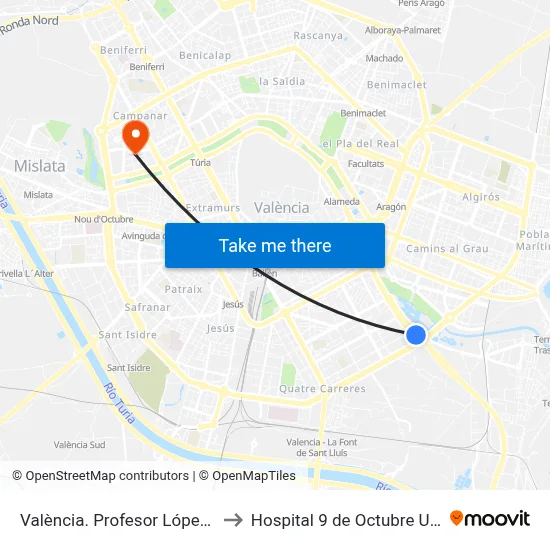 València. Profesor López Piñero 16 to Hospital 9 de Octubre Unipersonal map