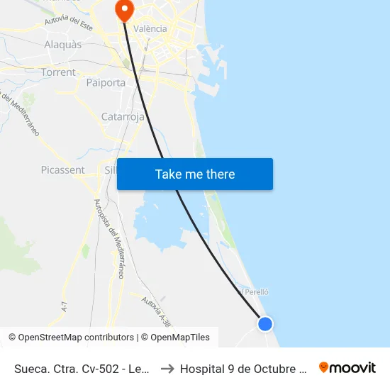 Sueca. Ctra. Cv-502 - Les Palmeres I to Hospital 9 de Octubre Unipersonal map