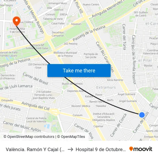 València. Ramón Y Cajal (Parell) - Jesús to Hospital 9 de Octubre Unipersonal map