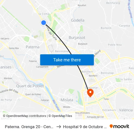 Paterna. Orenga 20 - Centro Educativo to Hospital 9 de Octubre Unipersonal map