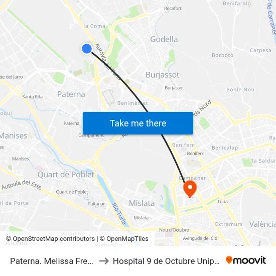 Paterna. Melissa Frente 15 to Hospital 9 de Octubre Unipersonal map