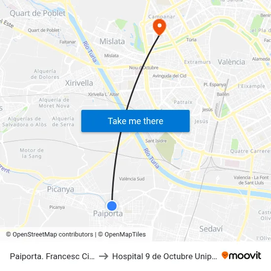 Paiporta. Francesc Ciscar 1 to Hospital 9 de Octubre Unipersonal map