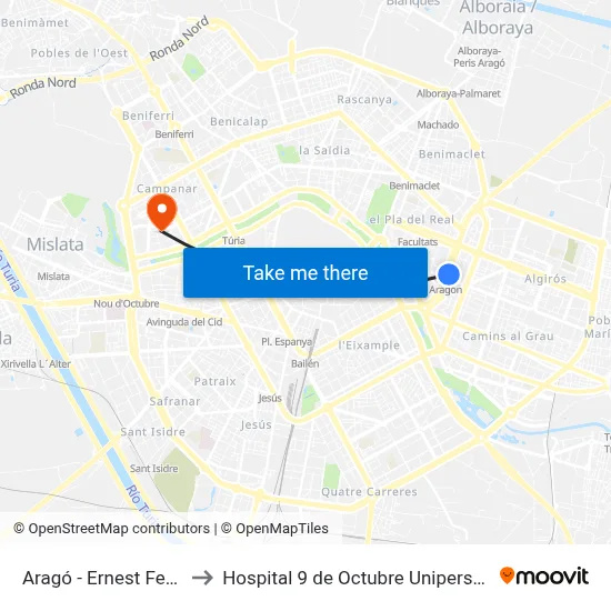 Aragó - Ernest Ferrer to Hospital 9 de Octubre Unipersonal map