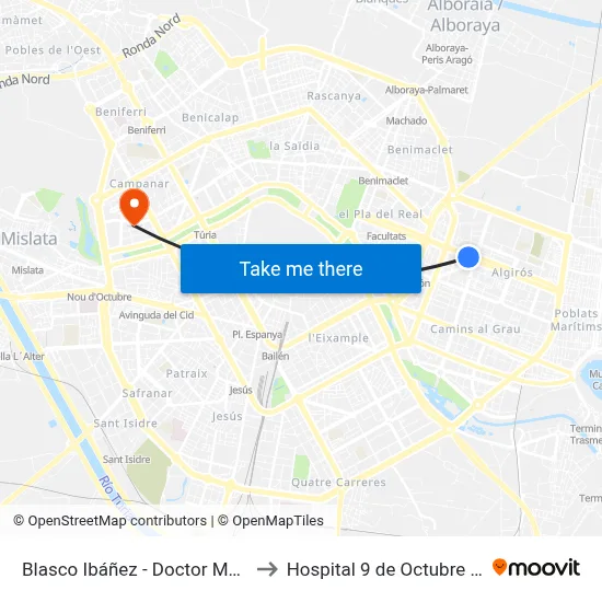 Blasco Ibáñez - Doctor Manuel Candela to Hospital 9 de Octubre Unipersonal map