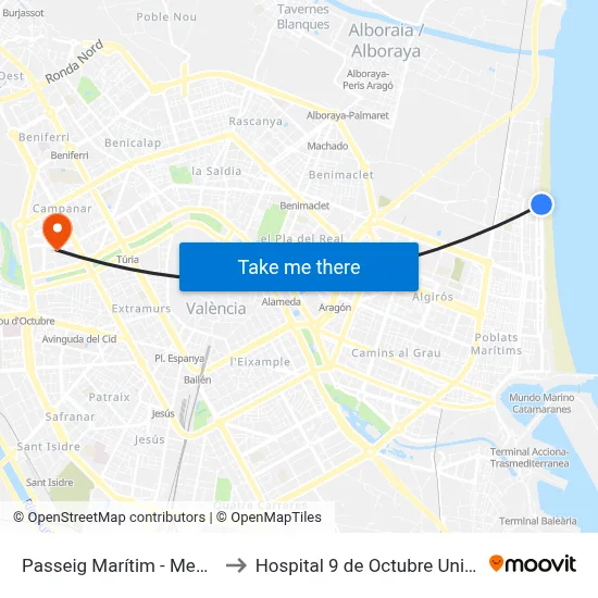 Passeig Marítim - Mendizábal to Hospital 9 de Octubre Unipersonal map