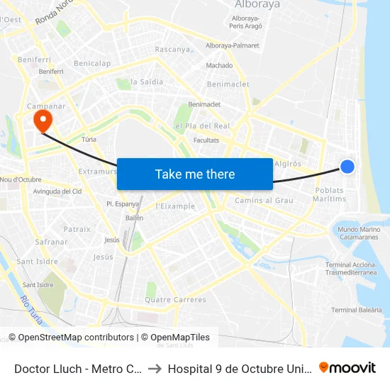 Doctor Lluch - Metro Cabanyal to Hospital 9 de Octubre Unipersonal map