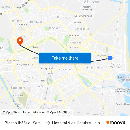 Blasco Ibáñez - Serradora to Hospital 9 de Octubre Unipersonal map