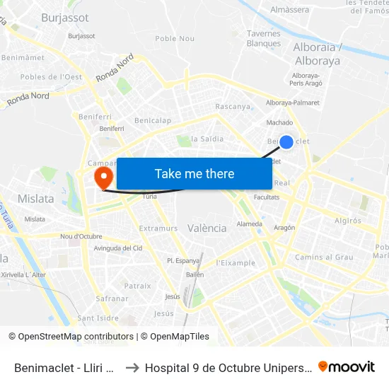 Benimaclet - Lliri Blau to Hospital 9 de Octubre Unipersonal map
