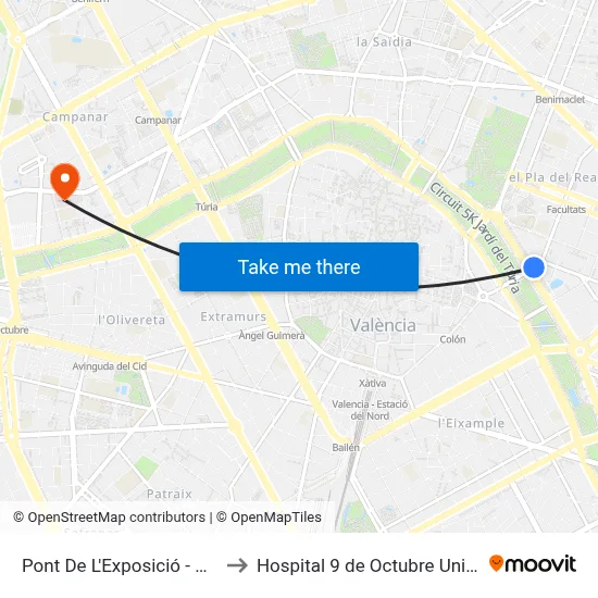 Pont De L'Exposició - Albereda to Hospital 9 de Octubre Unipersonal map