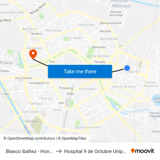 Blasco Ibáñez - Hondures to Hospital 9 de Octubre Unipersonal map